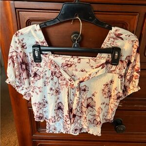 Kiss Cream and Red Floral Blouse